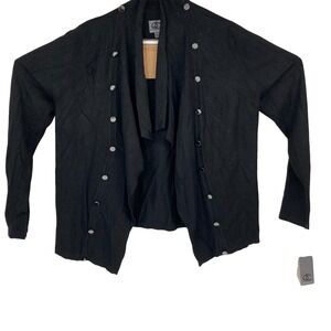 Queen Collection Black Cardigan Sweater Draped Front Silver Snaps Medium‎